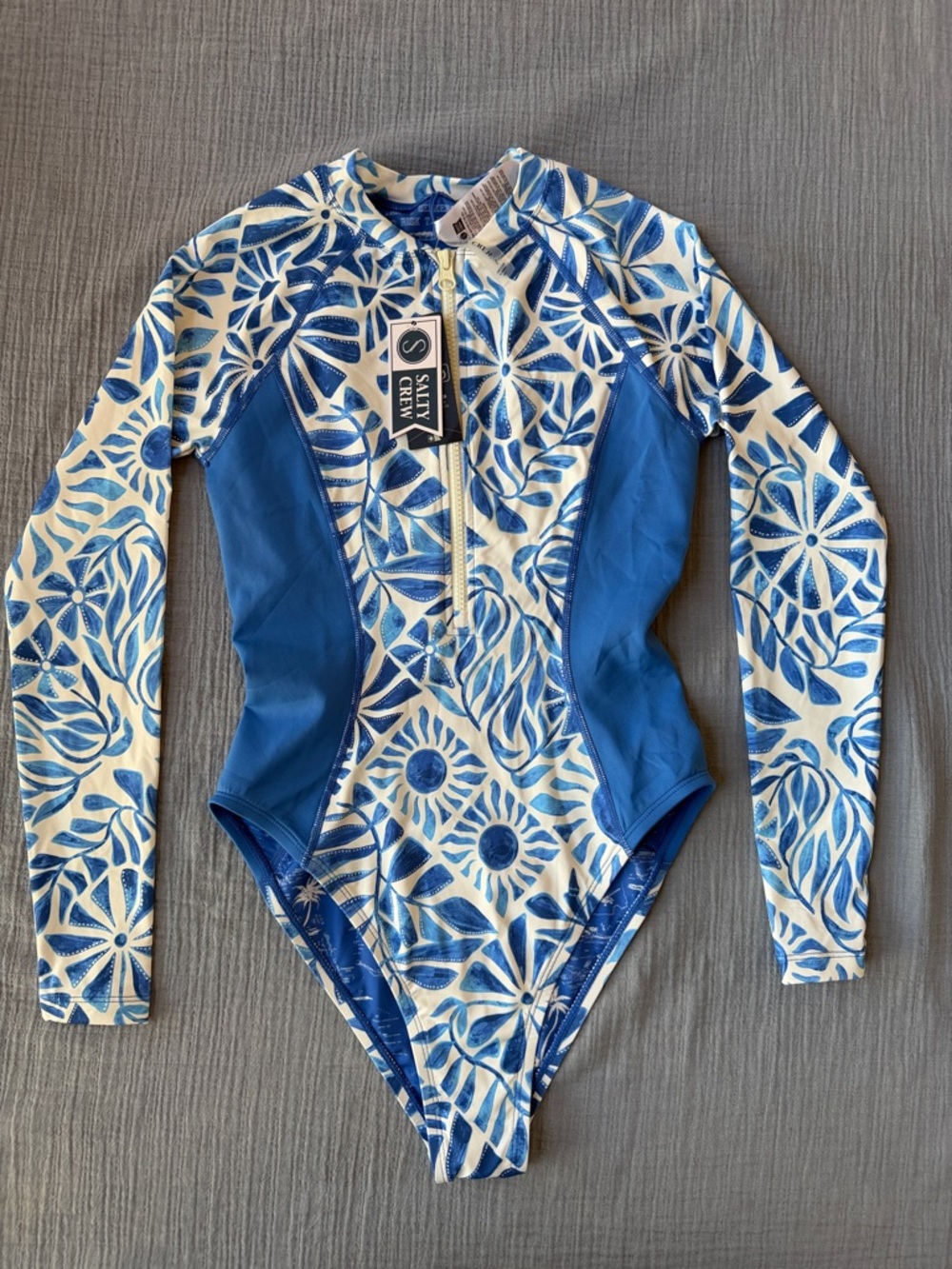 Salty Crew  Blue & White Floral Long-Sleeve One Piece Surf Suit -NWT